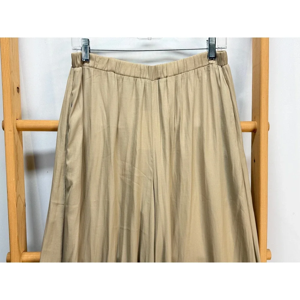 Grade&Gather Tan Wide Leg Flowy Pants Elastic Waist Khaki Palazzo Trousers M